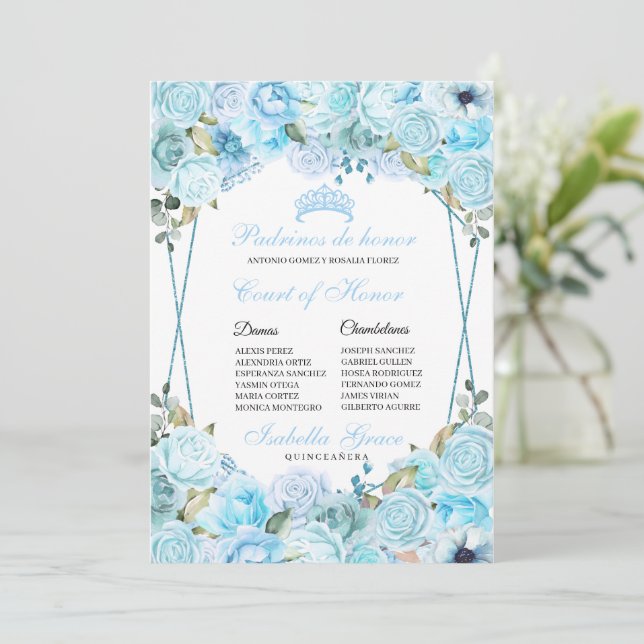 Himlar Blue Blommigt Quinceanera Court of Honor Inbjudningar (Stående Fram)