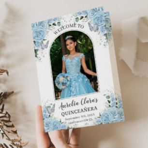 Himlar Blue Blommigt Silver Quinceañera-ordningen  Program