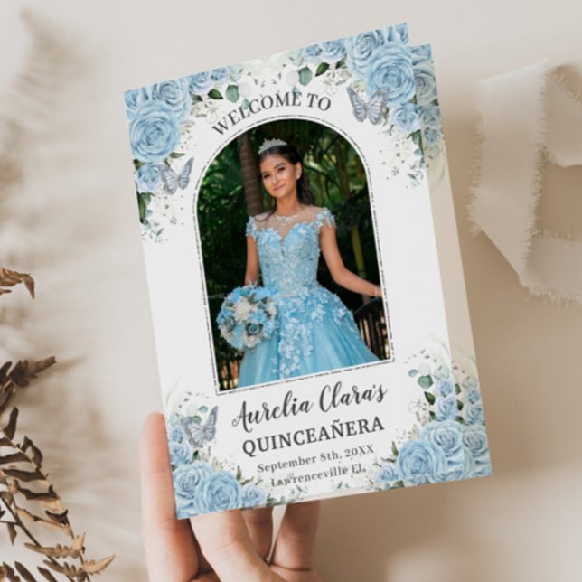 Himlar Blue Blommigt Silver Quinceañera-ordningen  Program (Skapare uppladdad)