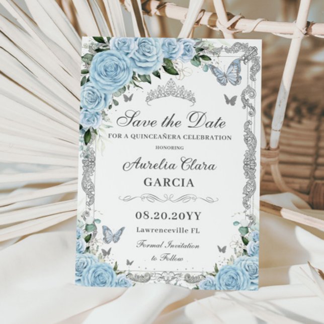 Himlar Blue Blommigt Silver Sweet sixteen QUINCEAÑ Spara Datumet (Skapare uppladdad)