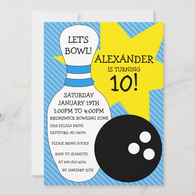 Himlar Blue Bowling Bash Bowling Födelsedagsfest Inbjudningar (Framsida)