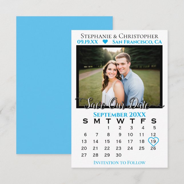 Himlar Blue Calendar och Photo Bröllop Spara vårt  Kort (Fram/baksida)