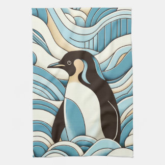 Himlar Blue Cream Ocean Vågar och Cute Penguin Kökshandduk