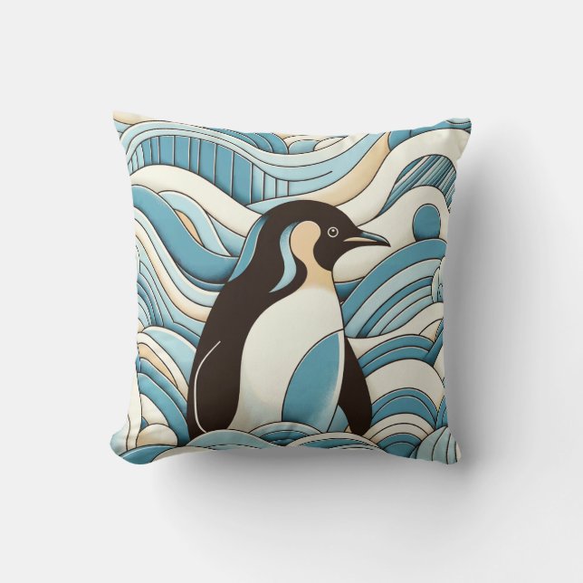 Himlar Blue Cream Ocean Vågar och Cute Penguin Kudde (Framsida)