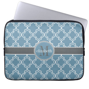 Himlar Blue Grått White Moroccan Quatrefoil Monogr Laptop Sleeve
