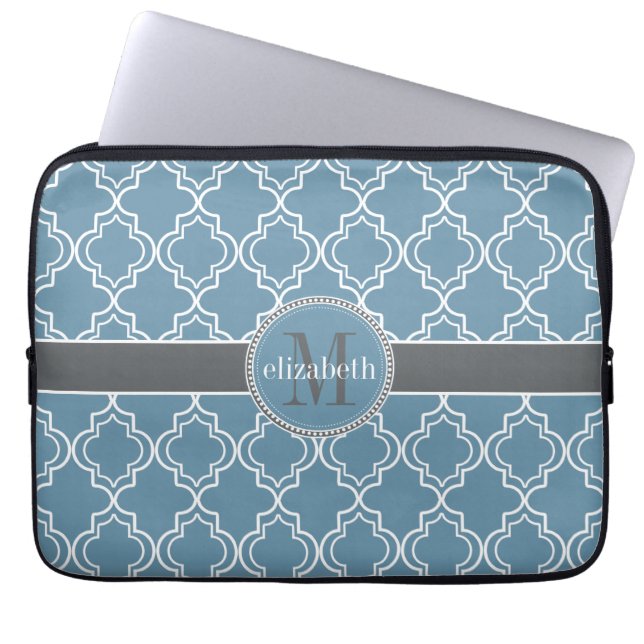 Himlar Blue Grått White Moroccan Quatrefoil Monogr Laptop Sleeve (Framsidan)