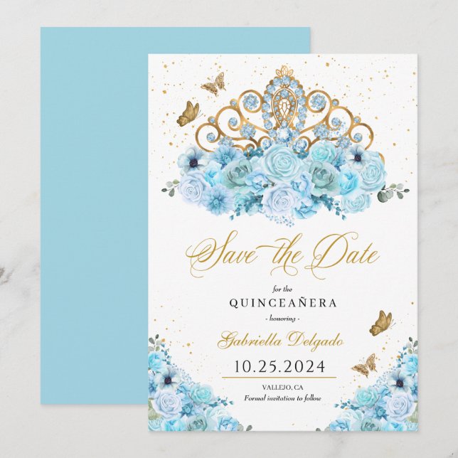 Himlar Blue & Guld Tiara Spara datumet Quinceañera Inbjudningar (Fram/baksida)