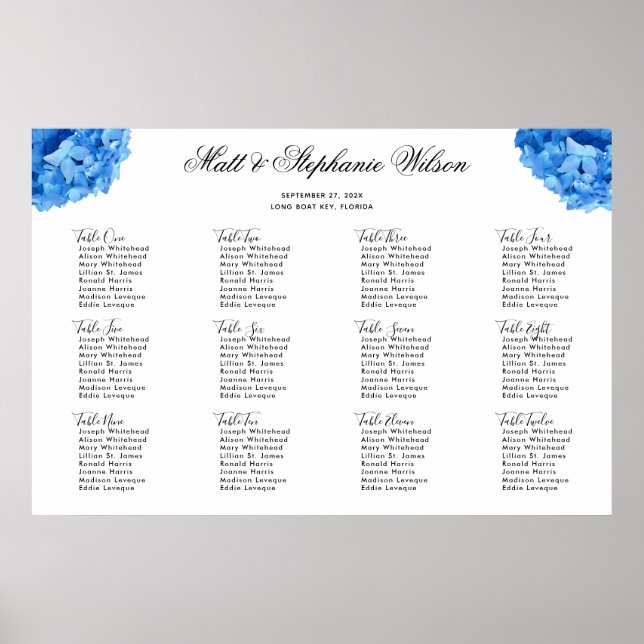Himlar Blue Hydrangea Bröllop Bord Sittdiagram Poster (Framsidan)