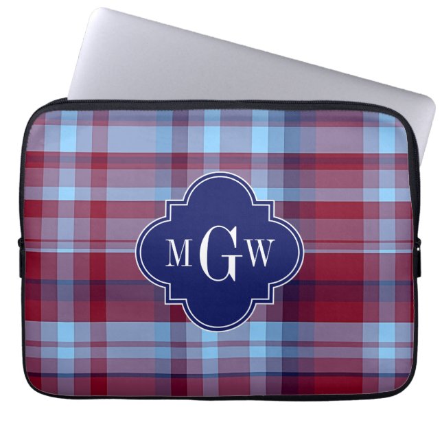 Himlar Blue Navy Burgundy Preppy Madras Monogram Laptop Fodral (Framsidan)
