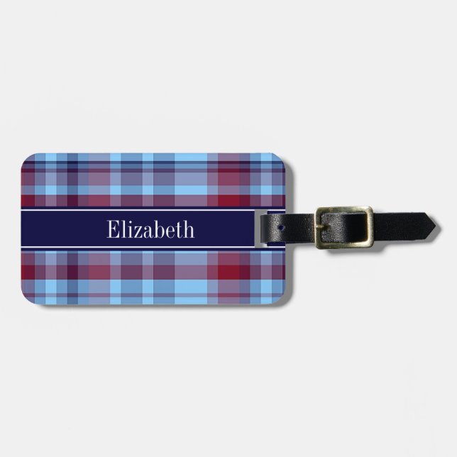 Himlar Blue Navy Burgundy Preppy Madras N Monogram Bagagebricka (Horisontell Framsida)