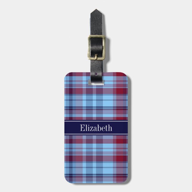 Himlar Blue Navy Burgundy Preppy Madras N Monogram Bagagebricka (Vertikal Framsida)