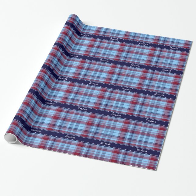 Himlar Blue Navy Burgundy Preppy Madras N Monogram Presentpapper (Utrullad)