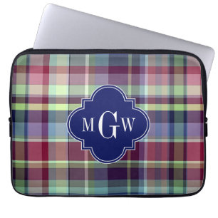 Himlar Blue Navy Burgundy Wht Preppy Madras Monogr Laptop Sleeve