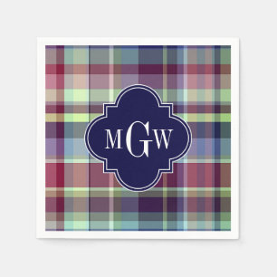 Himlar Blue Navy Burgundy Wht Preppy Madras Monogr Pappersservett