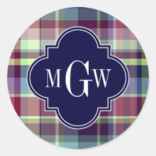 Himlar Blue Navy Burgundy Wht Preppy Madras Monogr Runt Klistermärke