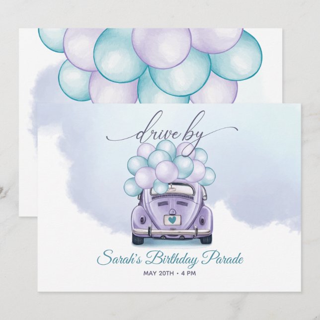 Himlar Blue- och Lilac Surprise Driveby Birthday Inbjudningar (Fram/baksida)