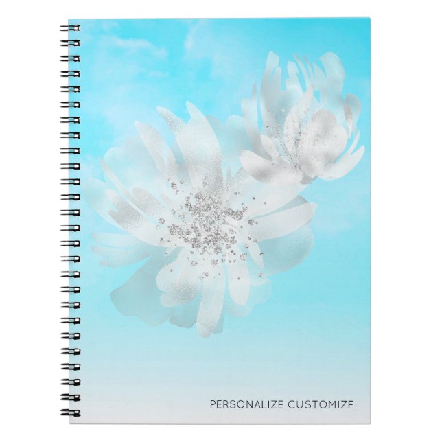 *~* Himlar Blue Ombre Clouds Flowers Glitter Anteckningsbok (Framsidan)