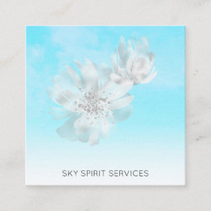 *~* Himlar Blue QR Clouds Flowers Glitter Shimmer Fyrkantigt Visitkort