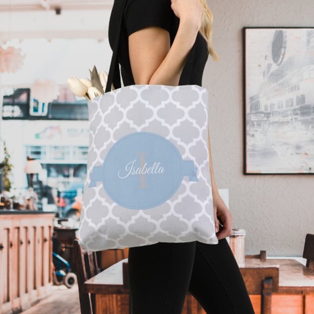 Himlar Blue Quatrefoil Personlig Tote Tygkasse (Sky Blue Quatrefoil Personalized Tote Bag)