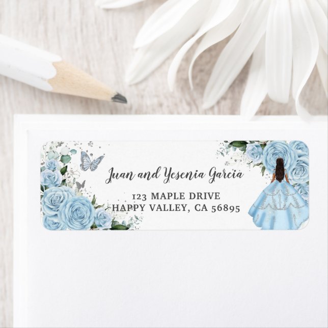 Himlar Blue Ro Blommigt Quinceañera Returadress Etikett (Insitu)