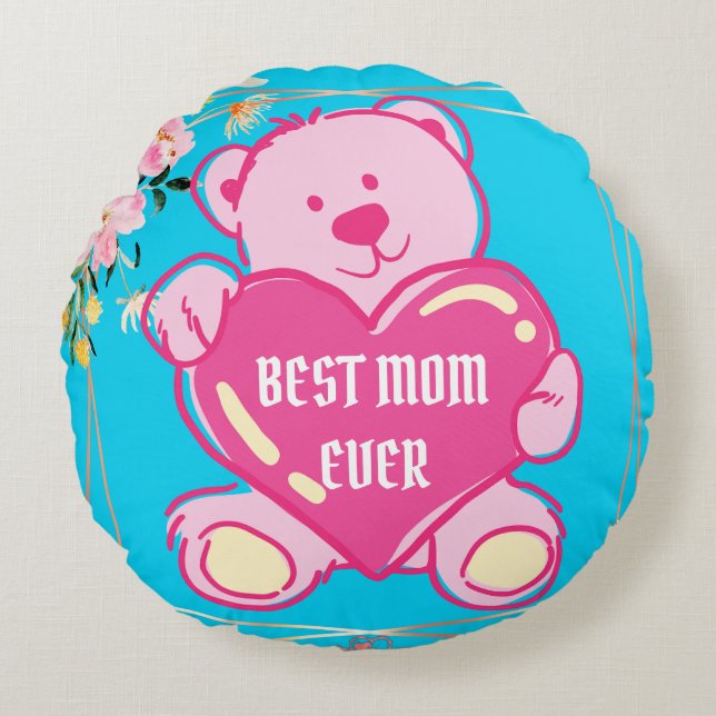 Himlar Blue Rosa Cute Nalle Heart Blommigt Design Rund Kudde (Framsidan)