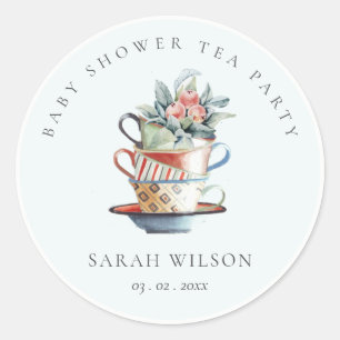 Himlar Blue Stacks Kopp Blommigt Baby Shower Tea P Runt Klistermärke