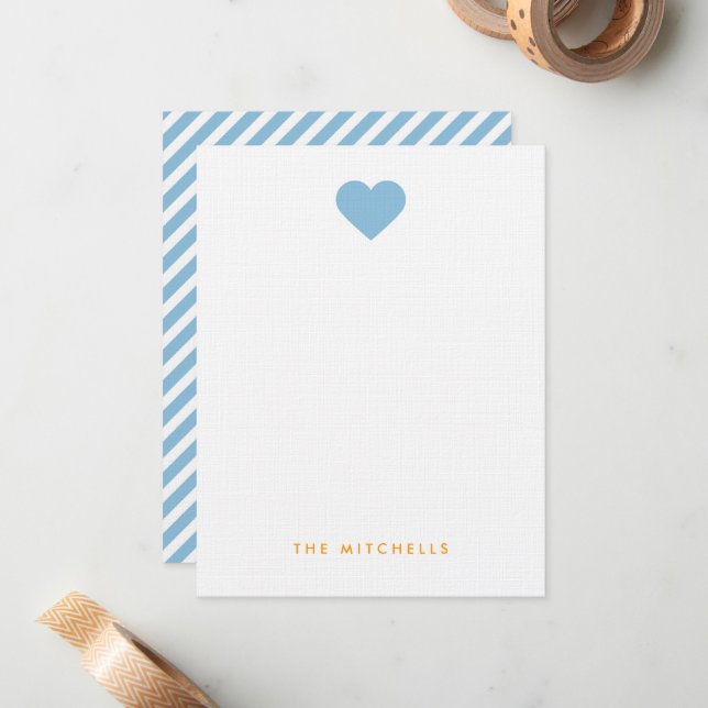 Himlar Blue Sweet Heart Monogram Stationery Anteckningskort (Fram/Back In Situ)