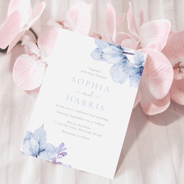 Himlar Blue Watercolor Blommigt Elegant bröllop Inbjudningar (Skapare uppladdad)