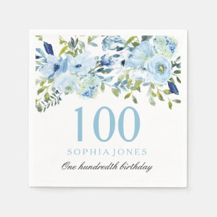 Himlar Blue Watercolor Flowers 100:e Födelsedagsfe Pappersservett
