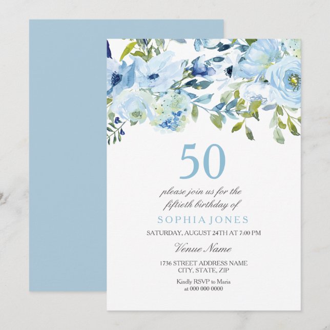 Himlar Blue Watercolor Flowers 50:e Födelsedagsfes Inbjudningar (Fram/baksida)