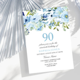 Himlar Blue Watercolor Flowers 90:e Födelsedagsfes Inbjudningar
