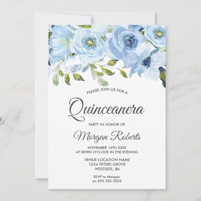 Himlar Blue Watercolor Flowers Modern Quinceanera Inbjudningar (Framsida)