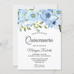 Himlar Blue Watercolor Flowers Modern Quinceanera Inbjudningar
