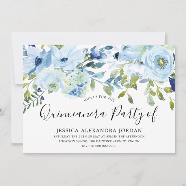 Himlar Blue Watercolor Flowers Quinceanera Party Inbjudningar (Framsida)