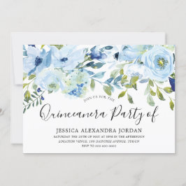 Himlar Blue Watercolor Flowers Quinceanera Party Inbjudningar