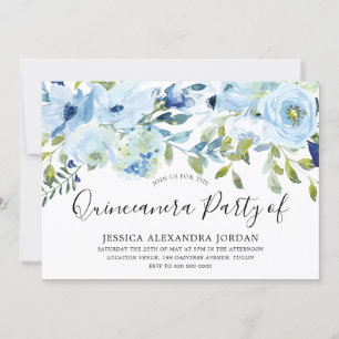 Himlar Blue Watercolor Flowers Quinceanera Party Inbjudningar