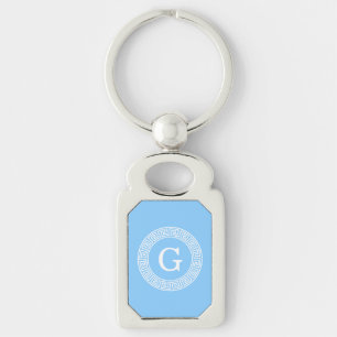 Himlar Blue Wht Grekiska Nyckel Rnd Ram Initial Mo Rektangulärt Silverfärgad Nyckelring