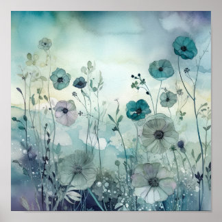 Himlar Blues Vild Fält Flowers Art Poster