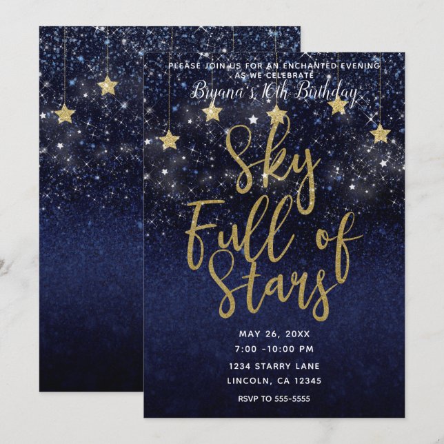 Himlar Fullt Stars Starry Night Guld Blue Party Inbjudningar (Fram/baksida)