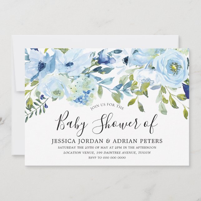Himlar Light blue Watercolor Flowers boy Baby Show Inbjudningar (Framsida)