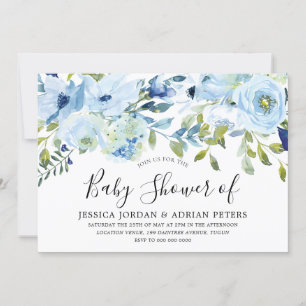 Himlar Light blue Watercolor Flowers boy Baby Show Inbjudningar