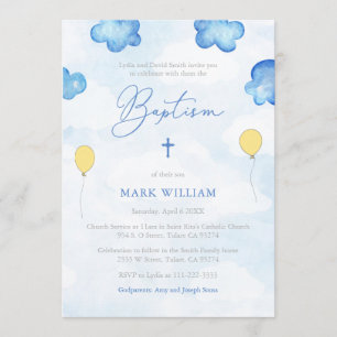 Himlar och moln baptism med Gult ballonger Inbjudningar