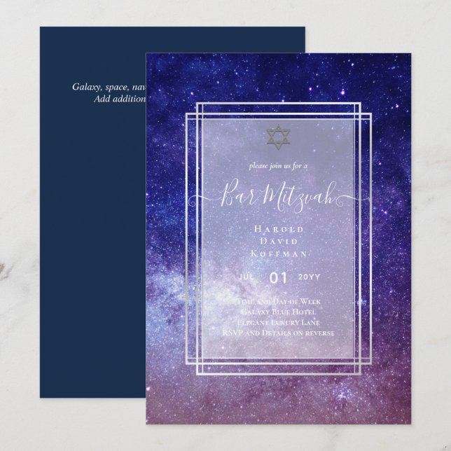 Himlar ovanför PUB MITZVAH Galaxy Blue Guld Elegan Inbjudningar (Fram/baksida)