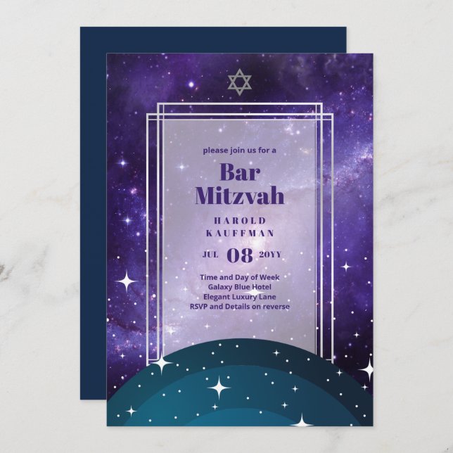 Himlar ovanför PUB MITZVAH Galaxy Blue Guld Elegan Inbjudningar (Fram/baksida)