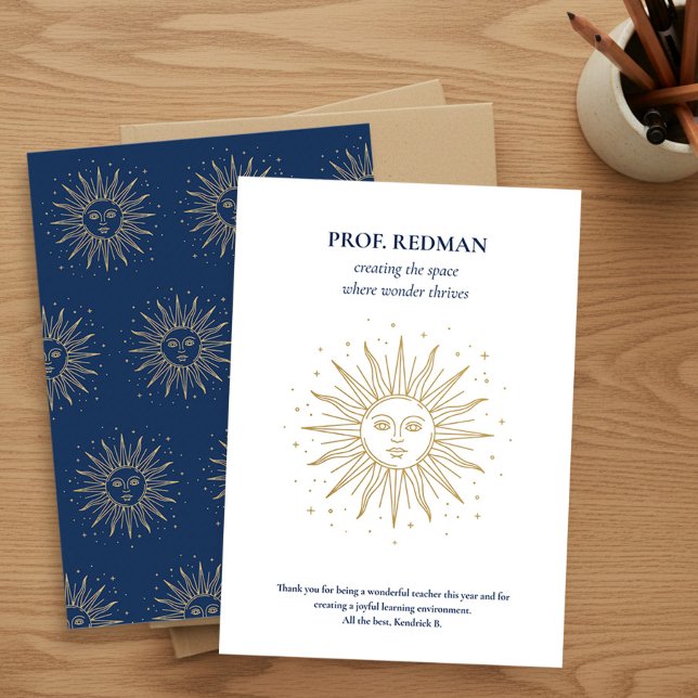 Himlasola skapar utrymme där underverket frodas tack kort (Teacher Appreciation thank you card with celestial sun and quote by Darling & May)