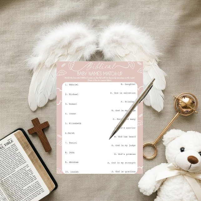 Himlast rosa bibliska babysnamn matchning inbjudningar (Heavenly Pink Biblical Baby Names Match-Up)