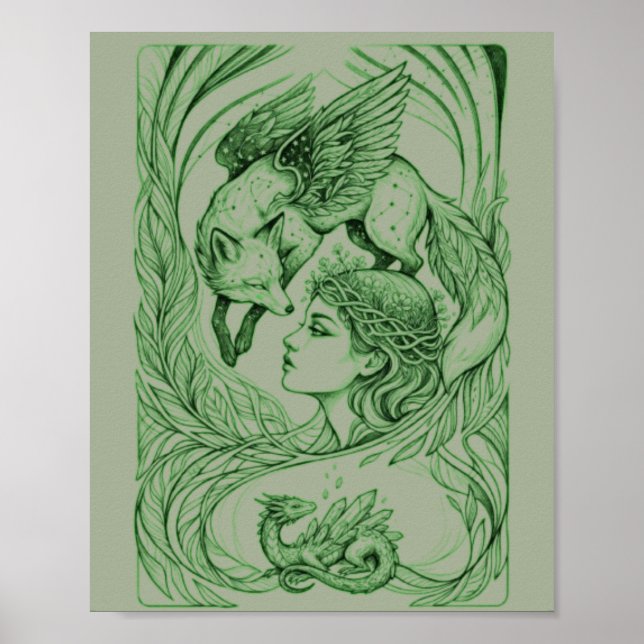 Himlavakt Konstkopia - Surreal Bevingad Räv  Poster (Framsidan)