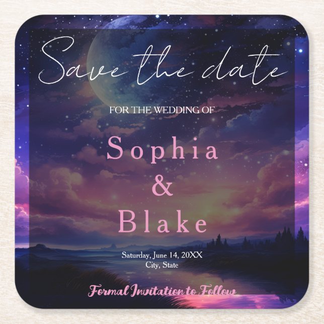 Himlavalv Fullmåne Stjärnor Bröllop Spara Datumet Underlägg Papper Kvadrat (Framsidan)