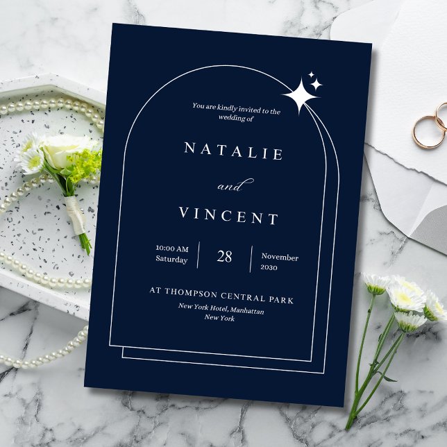 Himlavalv Marinblå Bröllop Elegant Valv Ram Folierat Kort (Skapare uppladdad)