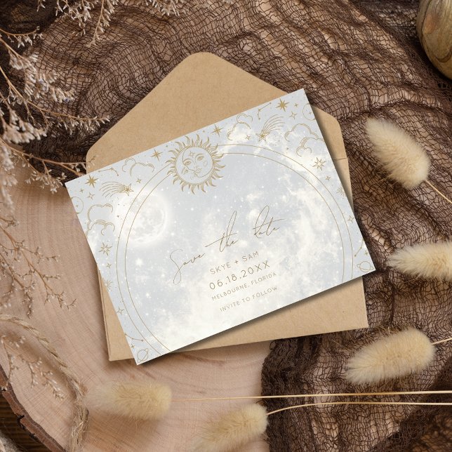 Himlavalv Sol Måne Stjärnor Bröllop Spara datumet Meddelande Vykort (Celestial Sun Moon Stars Wedding Save the Date)